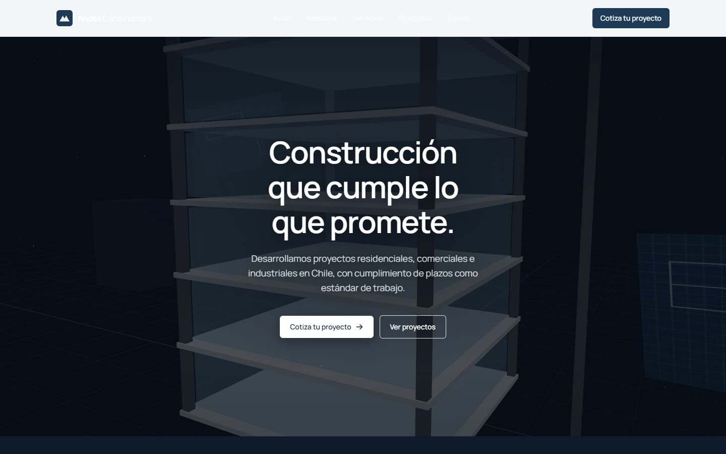 Portada del sitio de demostración Andes Constructora: el titular Construcción que cumple lo que promete sobre la estructura de una obra en tonos oscuros